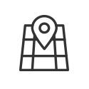 Symbol eines Kartenmarkers auf einer stilisierten Karte in einem runden, schwarzen Rahmen.
